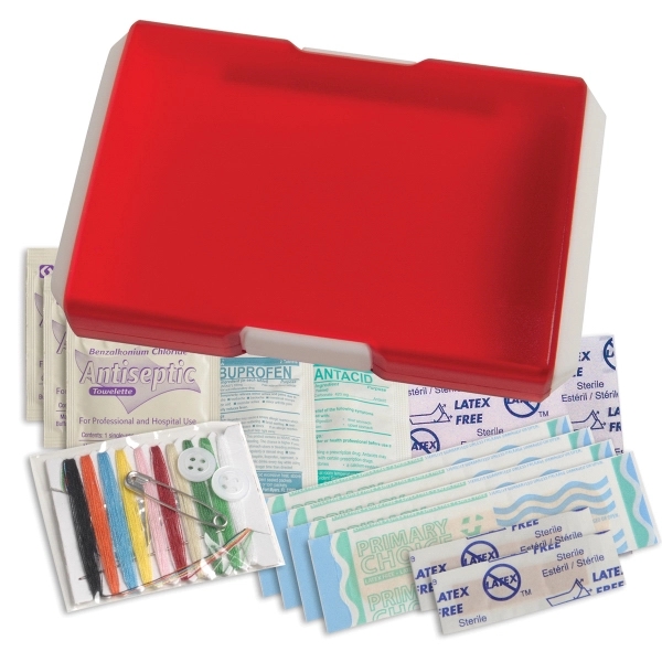 Travel first aid kit that has a sewing kit, bandages, ibuprofen,... from ASI 52840 Evans Manufacturing