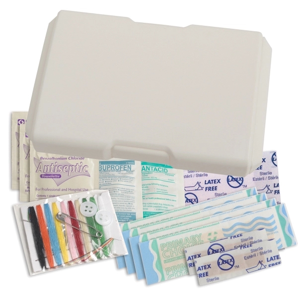 Travel first aid kit that has a sewing kit, bandages, ibuprofen,... from ASI 52840 Evans Manufacturing