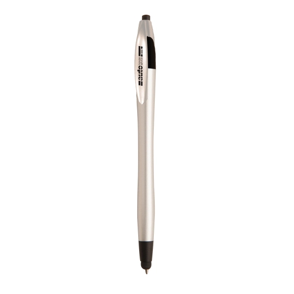 Hourglass-shaped ballpoint pen with matte metallic plunger that acts as a... from ASI 52840 Evans Manufacturing