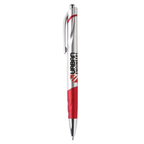Retractable ballpoint with silver barrel, metallic colored accents and black ink.... from ASI 52840 Evans Manufacturing