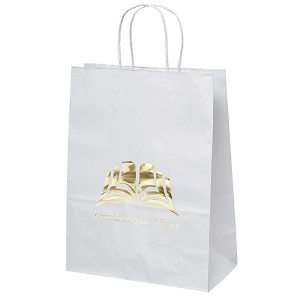 White kraft paper shopper with twisted paper handles and serrated cut... from ASI 37940 Bag Makers Inc