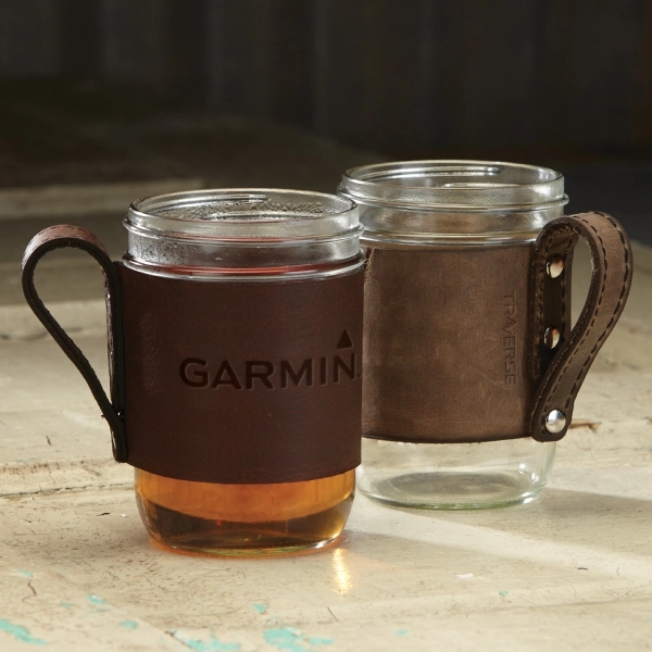 5" x 4 3/4" wide-mouth mason jar with leather handled sleeve,... from ASI 88060 Snugz/USA Inc / SnugZ USA®