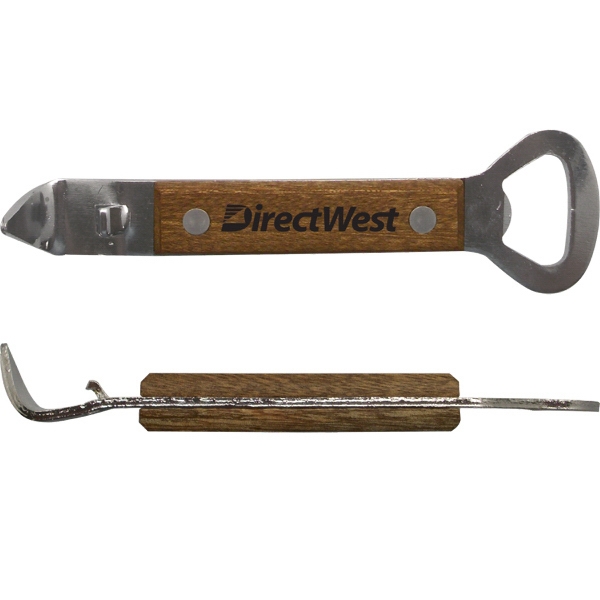 6" bottle/can opener that's made of stainless steel with a wooden... from ASI 50052 ZZ DROPPED -Diversified Quality Kitchenware By Ball Pro