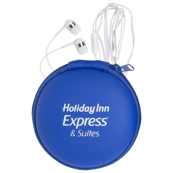 White earphones with a microphone in a round EVA case with... from ASI 90859 Tempo Industries Inc / Tempoline