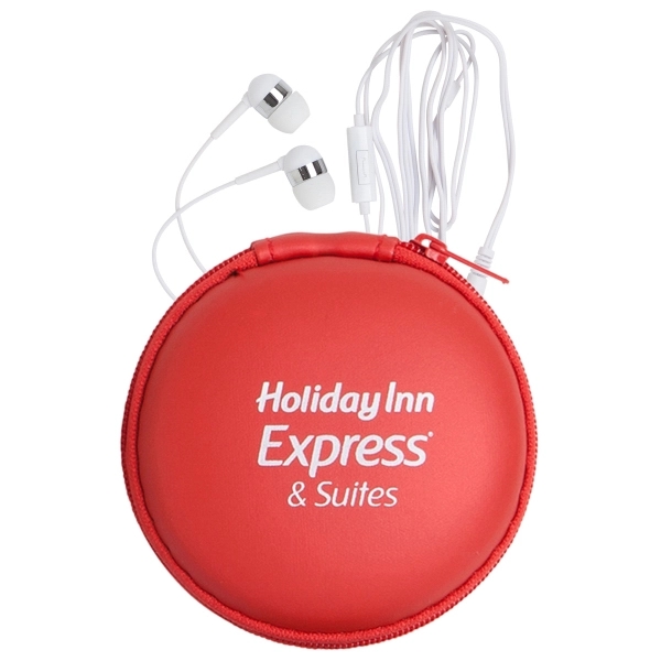 White earphones with a microphone in a round EVA case with... from ASI 90859 Tempo Industries Inc / Tempoline