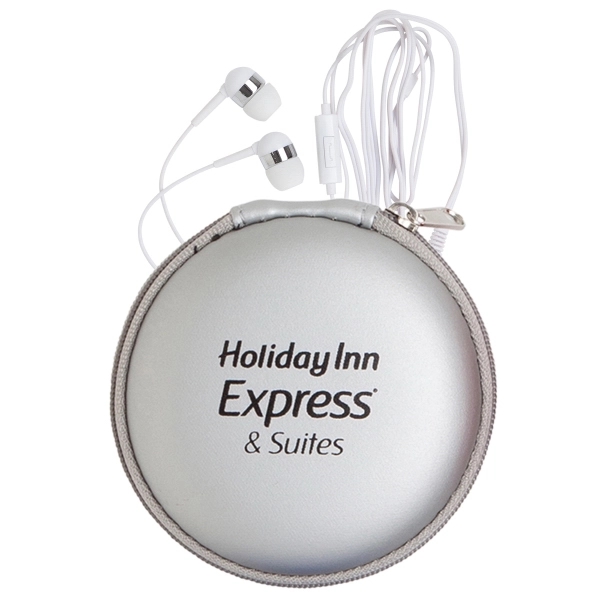 White earphones with a microphone in a round EVA case with... from ASI 90859 Tempo Industries Inc / Tempoline