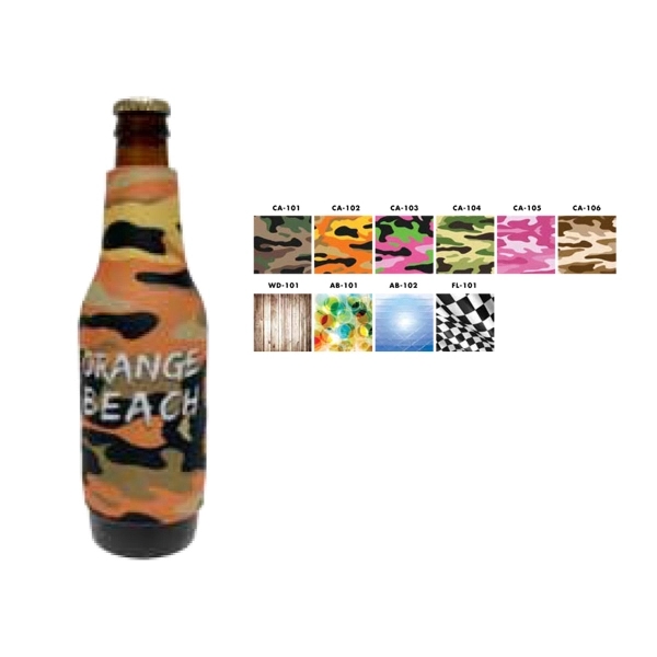 This fabric long-neck bottle sleeve with full bleed multi color imprint... from ASI 65603 Kool Trends