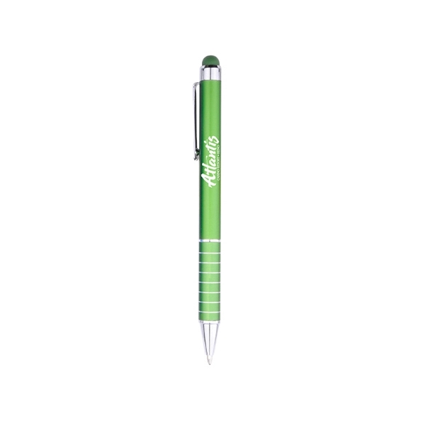 Colorful and stylish metal pen with stylus, clip and grip grooves... from ASI 74741 NVS Promo Designs, Inc. / NVS Promo