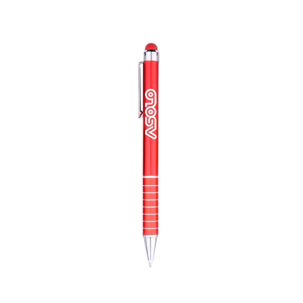 Colorful and stylish metal pen with stylus, clip and grip grooves... from ASI 74741 NVS Promo Designs, Inc. / NVS Promo