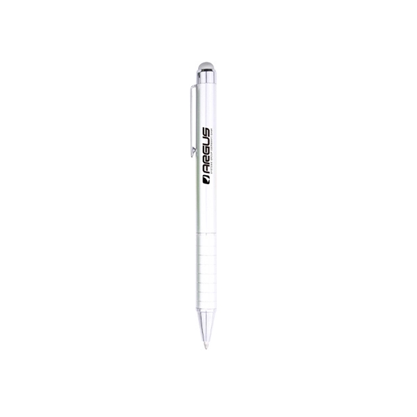Colorful and stylish metal pen with stylus, clip and grip grooves... from ASI 74741 NVS Promo Designs, Inc. / NVS Promo