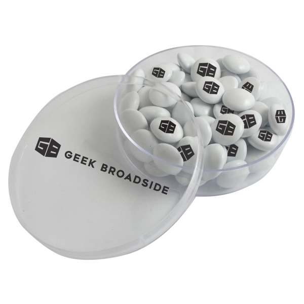 Small round clear acrylic filled with 1.5 oz. of imprinted chocolate... from ASI 44900 NC Custom (CI/Lanco)