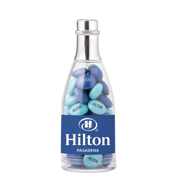 Clear champagne bottle with silver lid and filled with 1.4 oz.... from ASI 44900 NC Custom (CI/Lanco) / Chocolate Inn