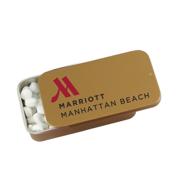 Slider tin filled with appx. 0.56 oz. of mints.... from ASI 44900 NC Custom (CI/Lanco) / Chocolate Inn