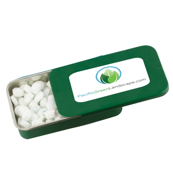 Slider tin filled with appx. 0.56 oz. of mints.... from ASI 44900 NC Custom (CI/Lanco) / Chocolate Inn