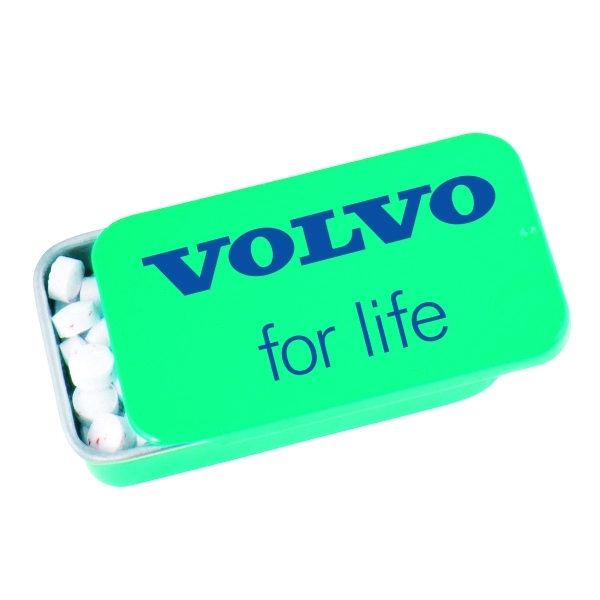 Slider tin filled with appx. 0.56 oz. of mints.... from ASI 44900 NC Custom (CI/Lanco) / Chocolate Inn