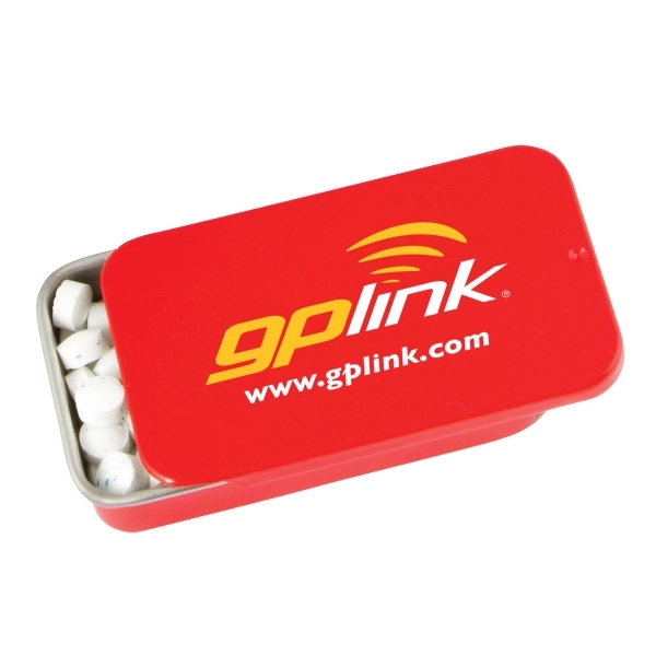 Slider tin filled with appx. 0.56 oz. of mints.... from ASI 44900 NC Custom (CI/Lanco) / Chocolate Inn