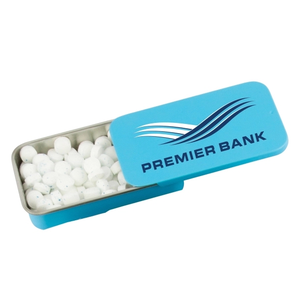 Slider tin filled with appx. 0.56 oz. of mints.... from ASI 44900 NC Custom (CI/Lanco) / Chocolate Inn