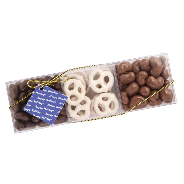 3 way square acetate container filled with assorted chocolate confections.... from ASI 44900 NC Custom (CI/Lanco) / Lanco