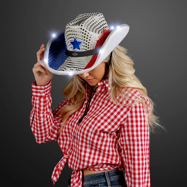 Blank or imprinted. Red, White & Blue Sequin Light Up Cowboy... from ASI 34194 ALightPromos / Alight Promotional Products