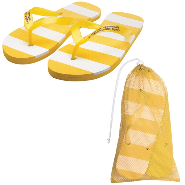 Customizable, adult-sized flip flops with several color choices and white stripes.... from ASI 62190 Illini