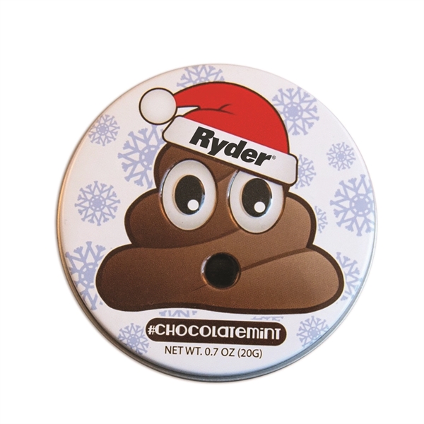Round emojy designed tin filled with chocolate mints.... from ASI 44900 NC Custom (CI/Lanco) / Chocolate Inn