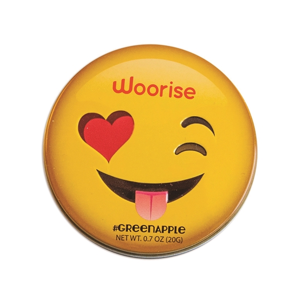 Round emojy designed tins filled with peppermints.... from ASI 44900 NC Custom (CI/Lanco)