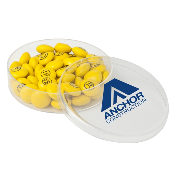 Small round clear acrylic filled with imprinted chocolate buttons emojys.... from ASI 44900 NC Custom (CI/Lanco)