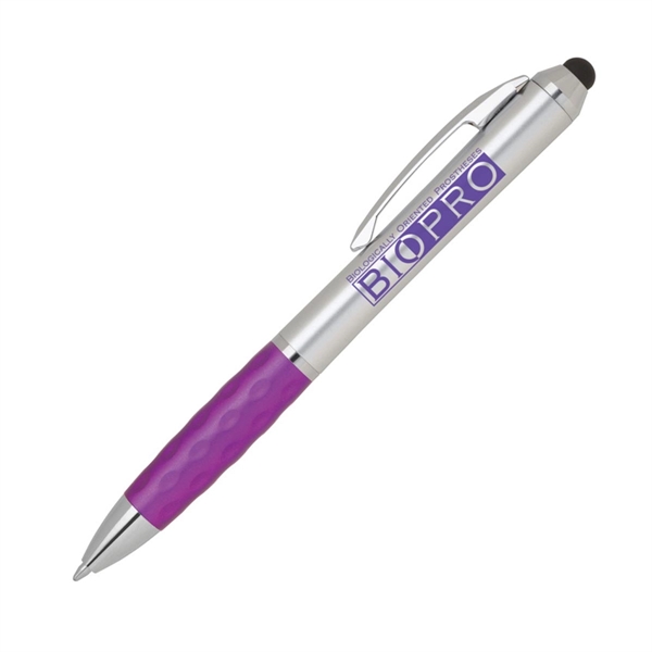 Twist-action plastic stylus pen with silver barrel and bold color contoured... from ASI 68190 Lungsal / Lungsal