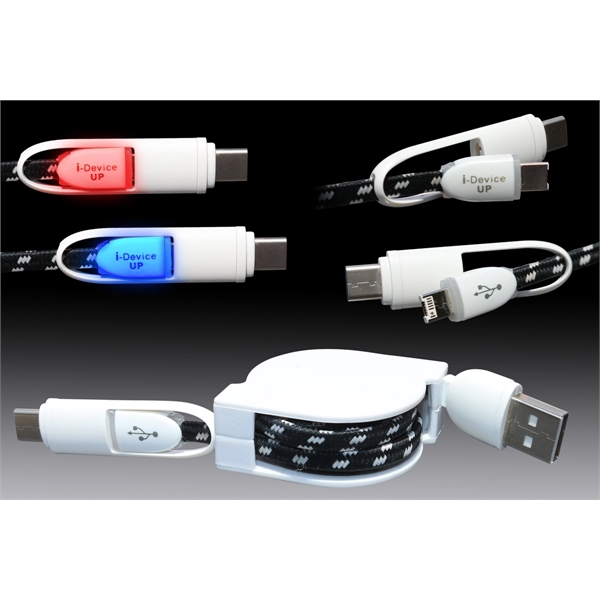 3-in-1 Retractable LED charging cable w/braided cable includes a Type C... from ASI 45450 CleggPromo