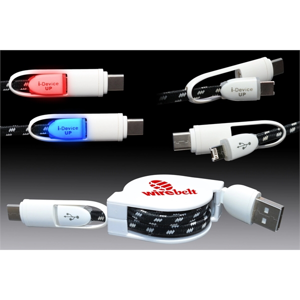 3-in-1 Retractable LED charging cable w/braided cable includes a Type C... from ASI 45450 CleggPromo