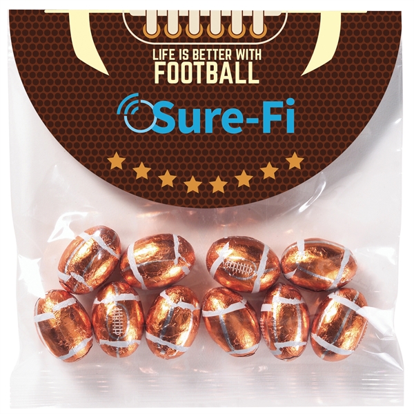 Football themed header bag filled with 2.3 oz. of chocolate footballs.... from ASI 71685 Midnite Snax®