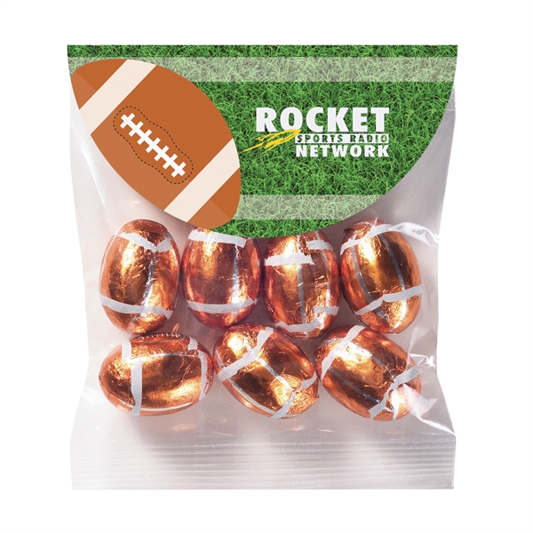 Football themed header bag filled with 1.6 oz. of chocolate footballs.... from ASI 71685 Midnite Snax®
