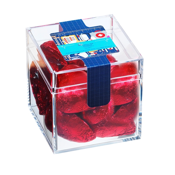 Healthcare themed clear cube filled with 3.6 oz. of chocolate hearts;... from ASI 71685 Midnite Snax®