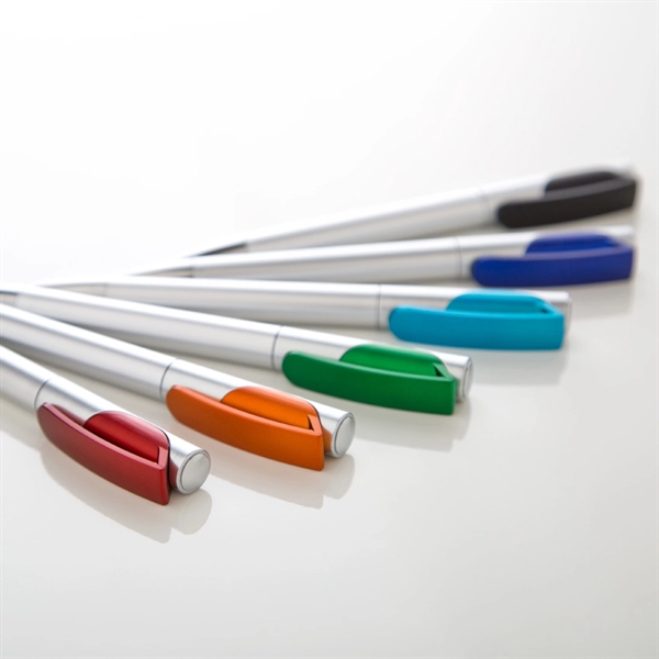 Plastic click-action pen with a silver barrel and color trims available... from ASI 68190 Lungsal / Lungsal