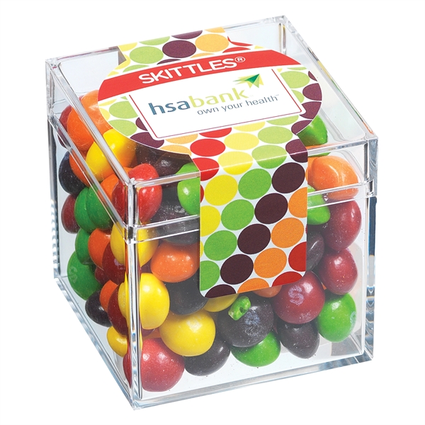 Signature clear cube container filled with 5 oz. of Skittles® candies;... from ASI 71685 Midnite Snax®