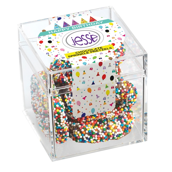 Signature clear cube container filled with 1.5 oz. of chocolate covered... from ASI 71685 Midnite Snax®