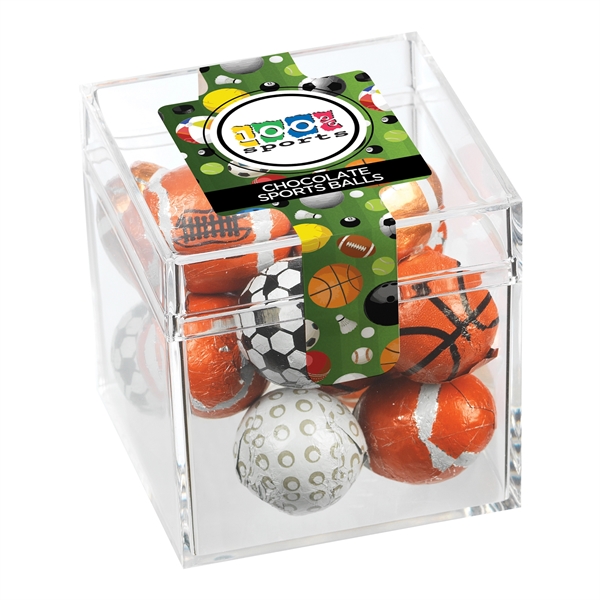 Signature clear cube container filled with 3.3 oz. of assorted chocolate... from ASI 71685 Midnite Snax®