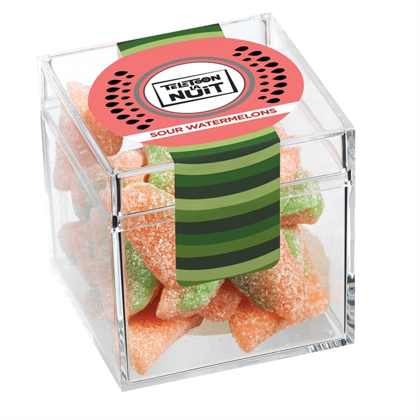 Signature clear cube container filled with 4 oz. of sour watermelon... from ASI 71685 Midnite Snax®