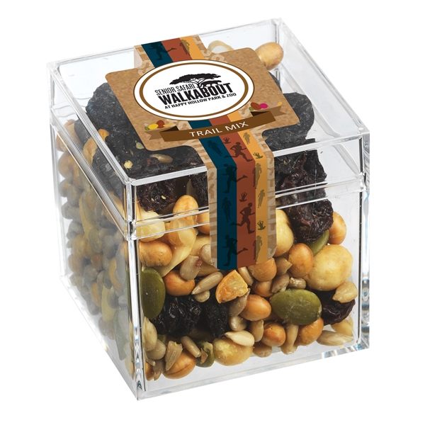 Signature clear cube container filled with 3 oz. of trail mix;... from ASI 71685 Midnite Snax®