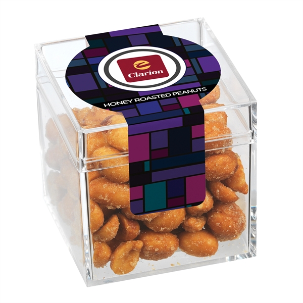 Signature clear cube container filled with 2.8 oz. of honey roasted... from ASI 71685 Midnite Snax®