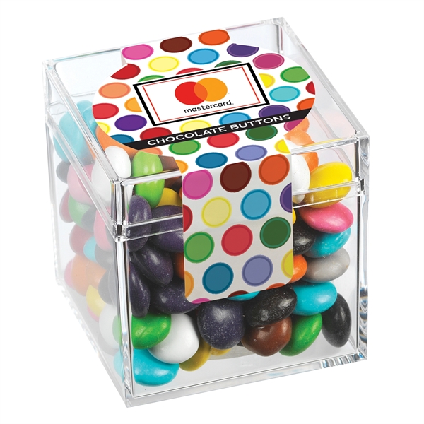 Signature clear cube container filled with 4.5 oz. of chocolate rings;... from ASI 71685 Midnite Snax®