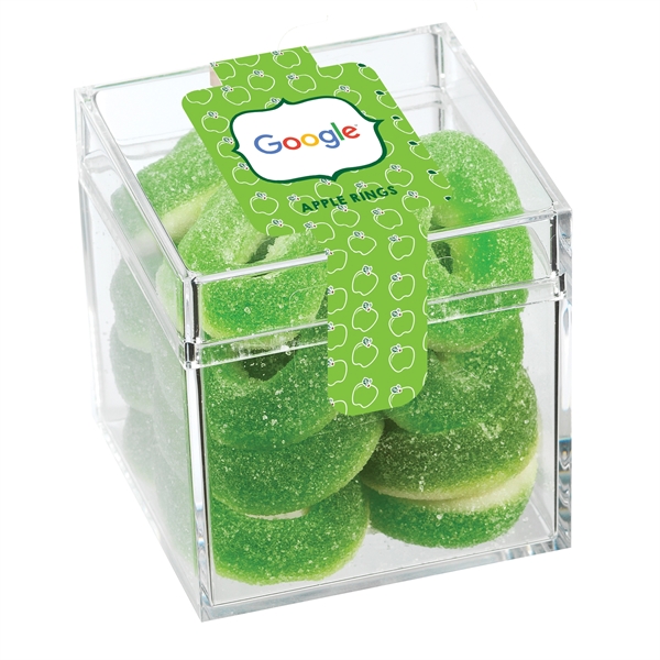 Signature clear cube container filled with 4 oz. of apple rings;... from ASI 71685 Midnite Snax®