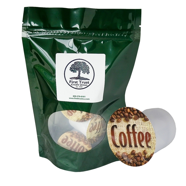 Each elegant hunter green metallic foil bag containing 4 gourmet coffee... from ASI 82351 Richard's Gourmet Coffee Co / Richard's (R) Gourmet Coffee