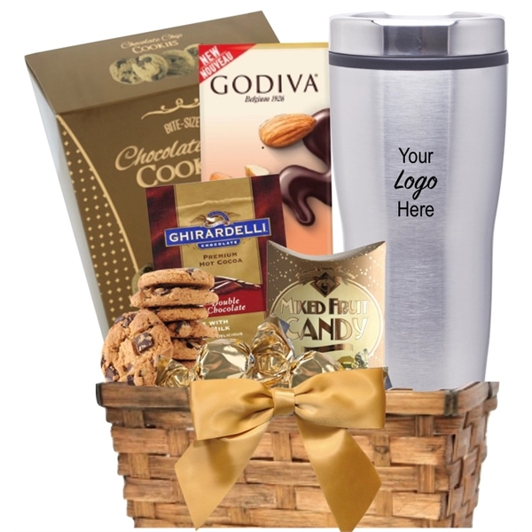 Travel tumbler, cocoa, cookies and candy gift basket... from ASI 89971 Stuff A Mug