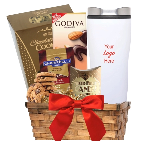Travel tumbler, cocoa, cookies and candy gift basket... from ASI 89971 Stuff A Mug