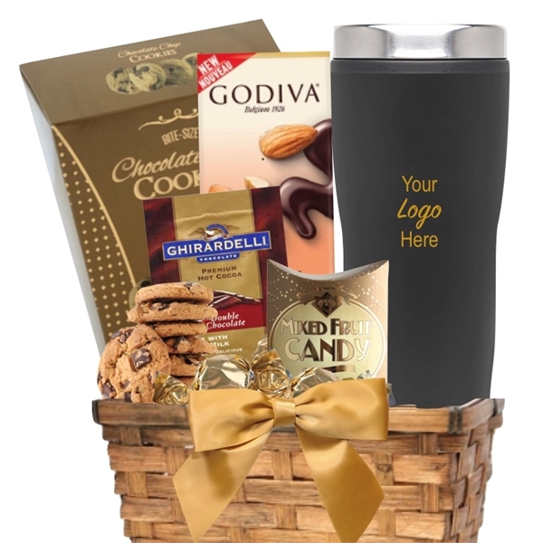 Travel tumbler, cocoa, cookies and candy gift basket... from ASI 89971 Stuff A Mug