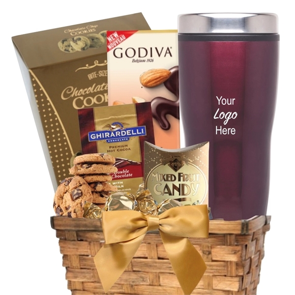 Travel tumbler, cocoa, cookies and candy gift basket... from ASI 89971 Stuff A Mug