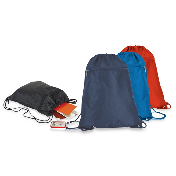 This nylon drawstring backpack features a zippered front pocket and drawstring... from ASI 34800 Alstar Creations / Alstar Line