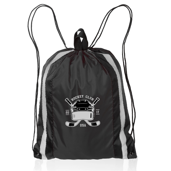 Polyester drawstring backpack with carry handle on top and reflective strips... from ASI 39552 BEL Promo
