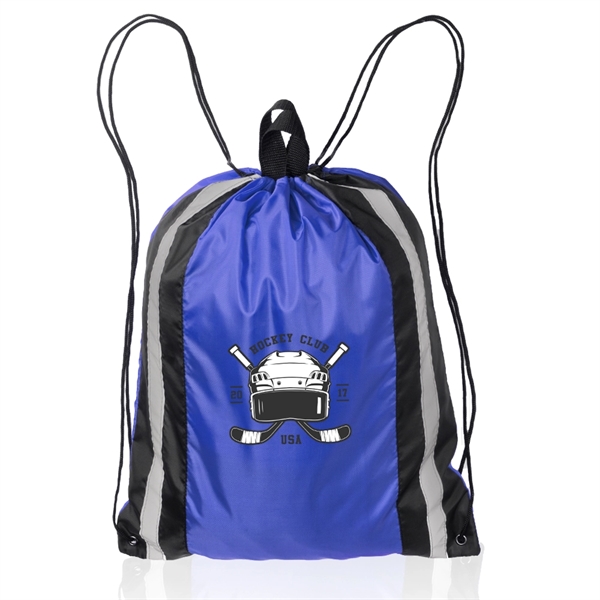 Polyester drawstring backpack with carry handle on top and reflective strips... from ASI 39552 BEL Promo
